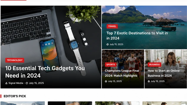 Signal Media Premium featured post grid with category labels
