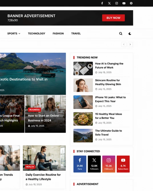 Signal Media Premium header ad slot, menu and trending sidebar with social counters